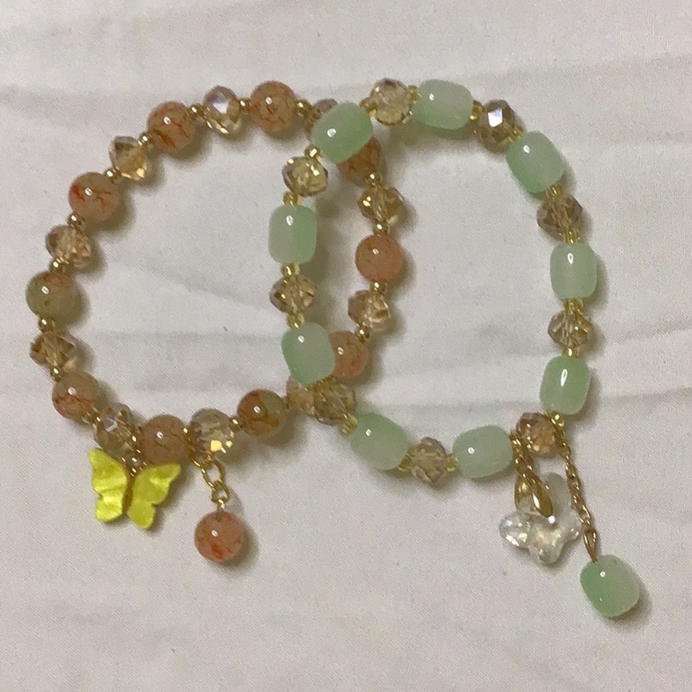 Green and Gold Beaded Bracelets with Charms‎